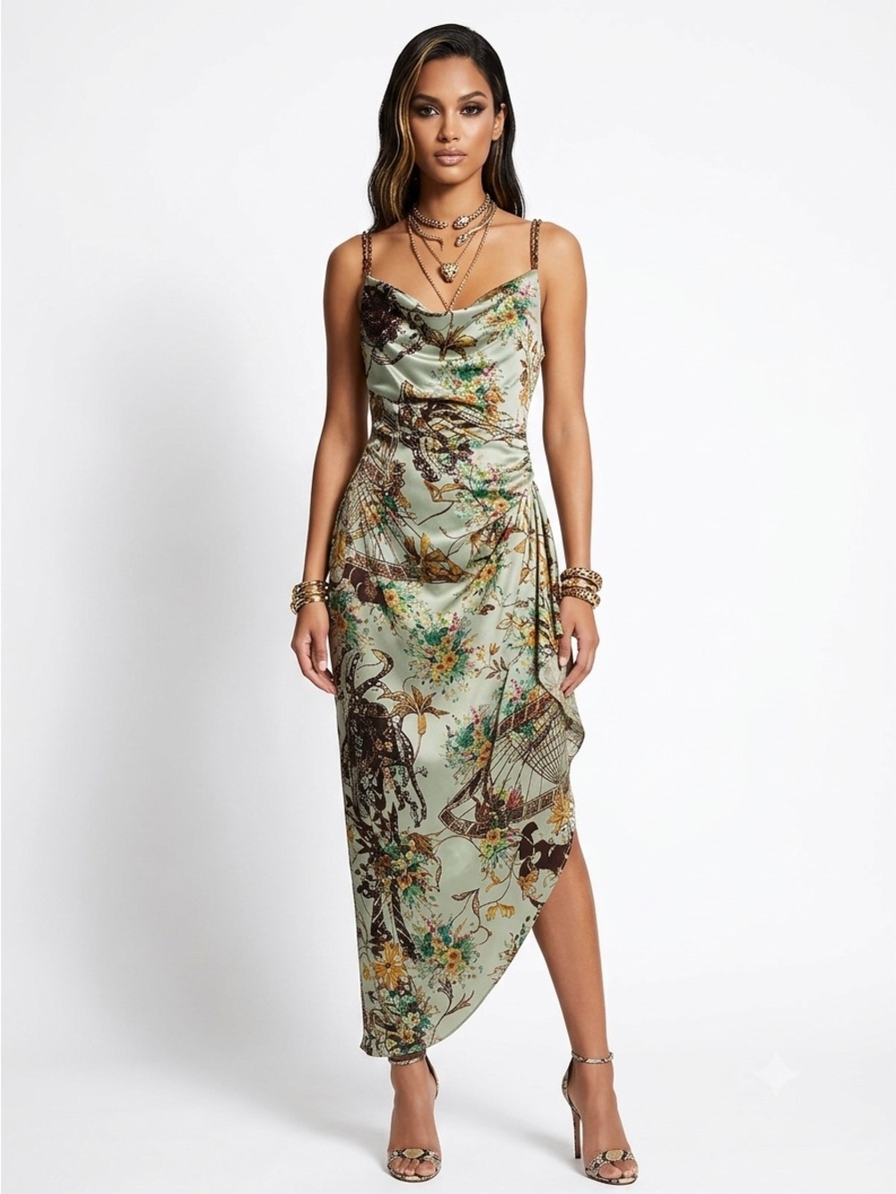 Vintage Y2K Silk Slip Dress Midi Beaded Floral Asymmetrical Cowl Neck Green Sz12